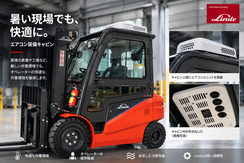 Linde電動フォークリフトのエアコン付きキャビン