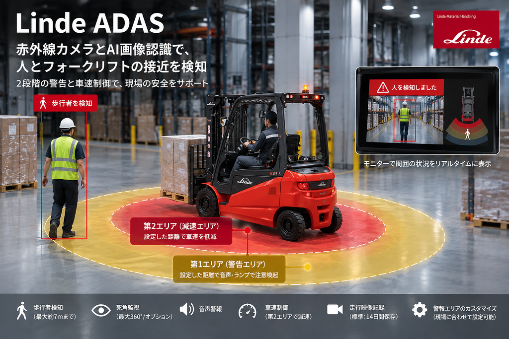 Linde ADAS安全運転支援システムによる歩行者検知と車両減速